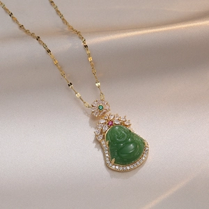 Golden Laughing Buddha pendant necklace with green jade-style stone and cubic zirconia details
