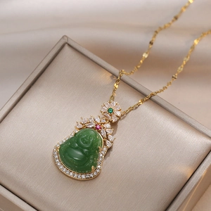 Laughing Buddha Pendant Necklace Titanium Steel Zircon Green Imitation Jade Religious Ethnic Style Jewelry Women