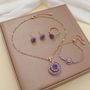 Rotierendes Lila Zirkon Blume Schmuck Set Für Damen Roségold Edelstahl Halskette Ohrringe Ring Armband Schmuck
