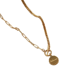 Gold titanium steel necklace with paperclip chain, OT clasp and Beloved round pendant