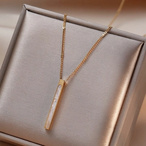 Minimalist Bar Pendant Necklace For Women Titanium Steel Gold Plated With White Shell Inlay Geometric Jewelry