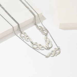 Double Layered Flame Pendant Necklace Stainless Steel Chain Copper Hollow Fire Charm Punk Street Y2K Jewelry For Women