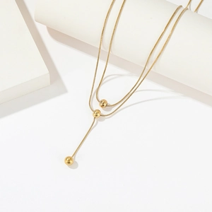 Double Layer Stainless Steel Necklace Golden Beads Snake Chain Minimalist Y-Shaped Clavicle Choker For Women Fashion
