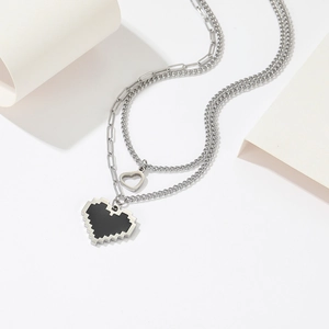 Double Layered Heart Pendant Necklace Stainless Steel Pixelated Retro Game Style Hip Hop Minimalist Jewelry For Women
