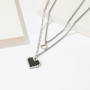 Double-layer silver titanium necklace with black pixel heart and hollow heart pendants