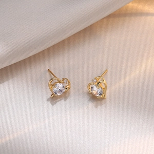Boucles D'oreilles Cœur Cuivre Avec Zircon Étincelant Bijoux Minimalistes Style Coréen Pour Femmes