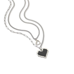 Double-layered titanium steel necklace with pixel heart pendant and paperclip chain