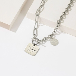Collana In Acciaio Inossidabile Per Donna Alla Moda Hip Hop Catena Giuntata A Doppio Strato Con Pendente Quadrato E Moneta