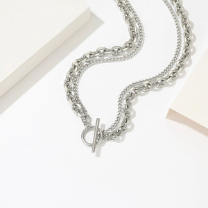Chic multi-layer titanium steel chain necklace with OT buckle in punk silver finish