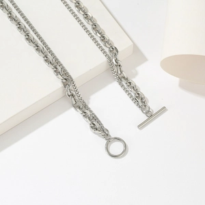 Double-layered silver titanium steel chain necklace with OT buckle in minimalist style