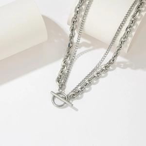 Silver layered titanium steel necklace with industrial OT toggle clasp and link chains