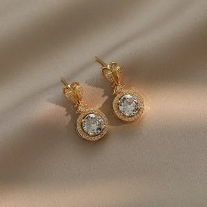 Elegant Copper Cubic Zirconia Drop Earrings For Women Golden Round Halo Crown Luxury Pendant Shiny Jewelry Accessories