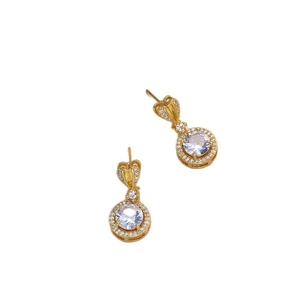 Elegant gold drop earrings with large round zircon stones and sparkling pave details