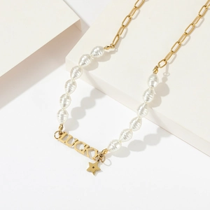Collana Con Pendente Lettera Lucky Künstliche Perle Acciaio Inossidabile Catena A Graffetta Ciondolo Stella Gioielli Donna