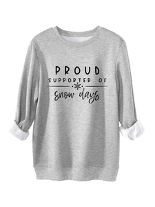 Detail of grey fleece sweatshirt with ribbed cuffs and snow days graphic print