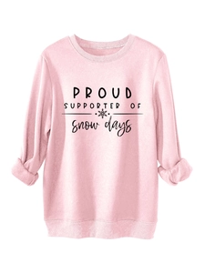 Detailed view of light pink fleece sweatshirt with proud supporter of snow days print
