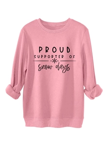 Detail of pink fleece sweatshirt with Proud Supporter Of Snow Days lettering and snowflake