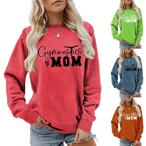 Detail showing gymnastics mom crewneck sweatshirt in coral, green, blue and orange