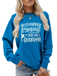 Close-up of royal blue sweatshirt with My Favorite Gymnast calls me Grandma print