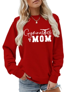 Detail of red Gymnastics Mom sweatshirt with white text and gymnast silhouette print