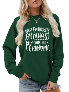 Close-up of My Favorite Gymnast graphic and text on a green cotton blend sweatshirt
