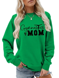 Detail view of bright green Gymnastics MOM sweatshirt with ribbed cuffs and crew neck