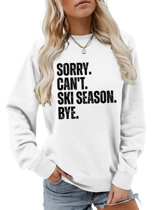 Detail of white cotton crewneck sweatshirt with SORRY CAN'T SKI SEASON black letter print