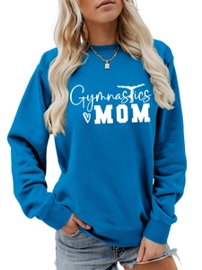 Blue Gymnastics Mom sweatshirt featuring white graphic print and ribbed cuffs details