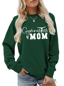 Detailed close-up of forest green Gymnastics MOM sweatshirt with ribbed crew neck and print