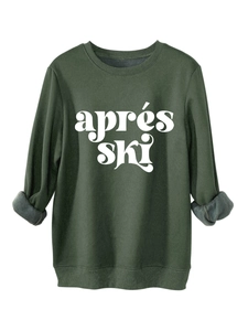 Detail des dunkelgrünen Après Ski Sweatshirts mit warmem grauem Fleecefutter und Druck