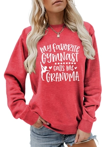Detail of red long sleeve sweatshirt with My Favorite Gymnast calls me Grandma print
