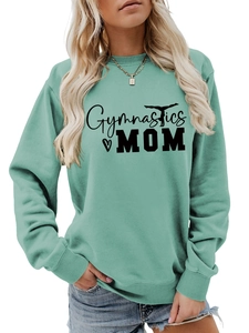 Close-up of Mint Green Gymnastics MOM sweatshirt with ribbed cuffs and chest print