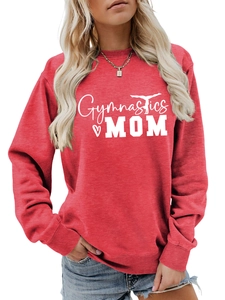 Detail view of the soft fleece fabric and high-quality printed Gymnastics MOM logo on red sweatshirt