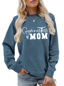 Detail of Gymnastics MOM print on navy blue long sleeve sweatshirt with heart graphics