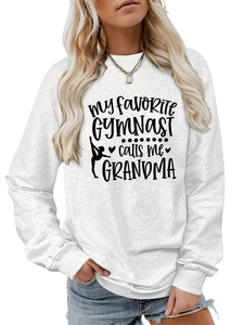 Close-up of light grey sweatshirt featuring my favorite gymnast grandma typography print