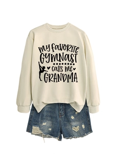 Flat lay of My Favorite Gymnast sweatshirt and distressed denim shorts casual outfit