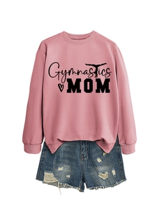 Detail of pink Gymnastics MOM sweatshirt with heart and athlete silhouette graphic