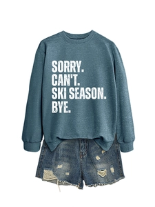 Deep blue sweatshirt and distressed denim shorts set with Sorry Can't Ski Season print