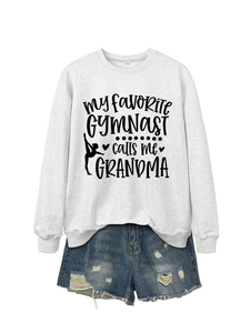 Close-up of My Favorite Gymnast text and athlete silhouette print on gray sweatshirt