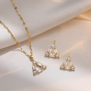 Geometric Triangle Zircon Necklace Earrings Gold Plated Stainless Steel Jewelry Dainty Clavicle Chain Accessories Women