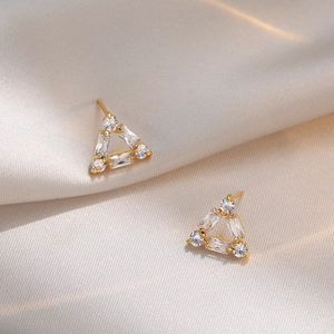 Elegant gold titanium steel triangular earrings with sparkling cubic zirconia crystals