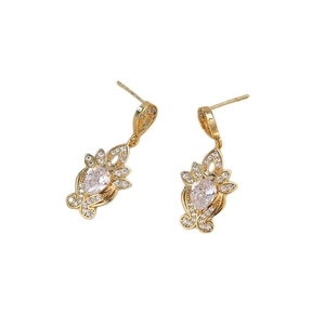 Gold vintage court style earrings with pear-cut zircon and micro-paved rhinestones