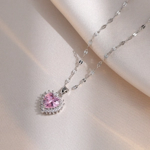 Collier Pendentif Cœur Acier Inoxydable Zircon Rose Strass Délicat Simple Incrusté Choker Bijoux Pour Femmes Cadeau Élégant