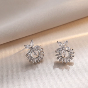 Exquisite silver flower earrings with marquise and baguette cubic zirconia stones