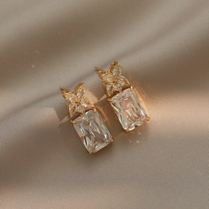 Geometric Zircon Stud Earrings Gold Plated Copper Rectangular Emerald Cut Niche Design Jewelry For Women