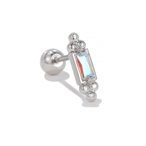 Macro detail of silver rectangle earring with iridescent aurora stone and zircon studs