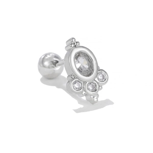 Detailed view of silver barbell stud earring with vintage zircon inlay and screw ball back