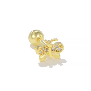 Detail of a gold butterfly screw back earring with sparkling white cubic zirconia stones