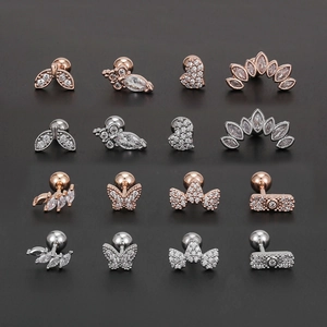 Surgical steel cartilage earrings with cubic zirconia in butterfly and heart shapes