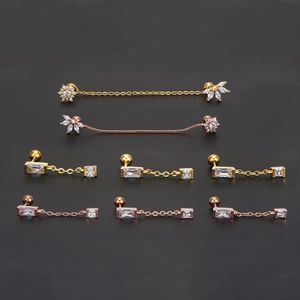 Fashion gold and rose gold chain tassel earrings with cubic zirconia for double piercings